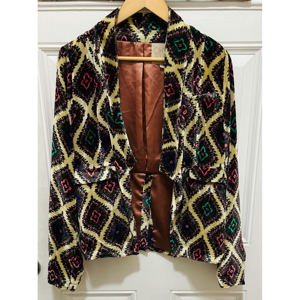 Chaser Womens Velvet Geometric Diamond Print Open Front Blazer Jacket Cream M